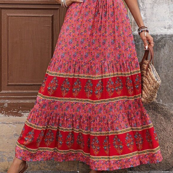 Pink Boho Women's Color Block Butterfly Printed Maxi A-Line Skirt For Vacation - Picture 6 of 6